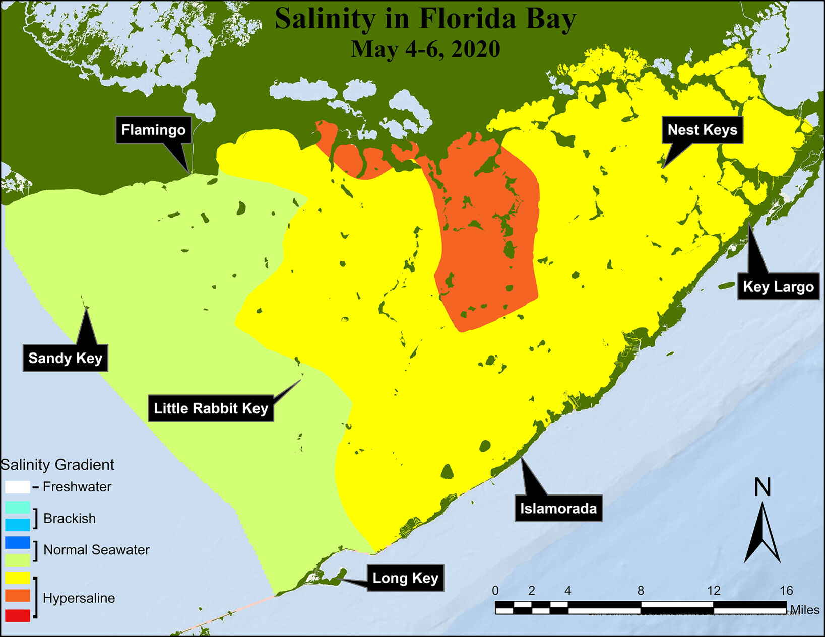 More than half of Florida Bay was experiencing hypersalinity, or salinity levels above normal seawater, at the beginning of the 2020 wet season.